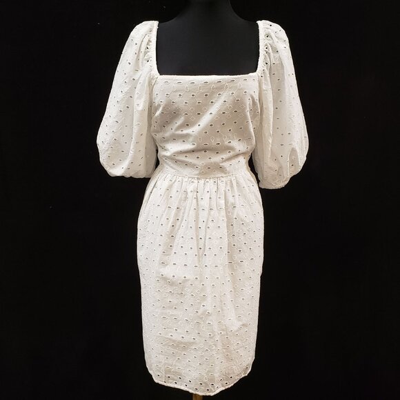 A New Day Womens Eyelet Mini Dress Size L White Puff Sleeve Peasant Cottagecore